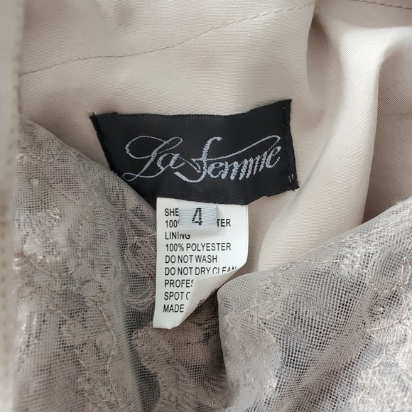 NEW La Femme Embroidered Illusion Neck Gown Silver - Picture 5 of 5